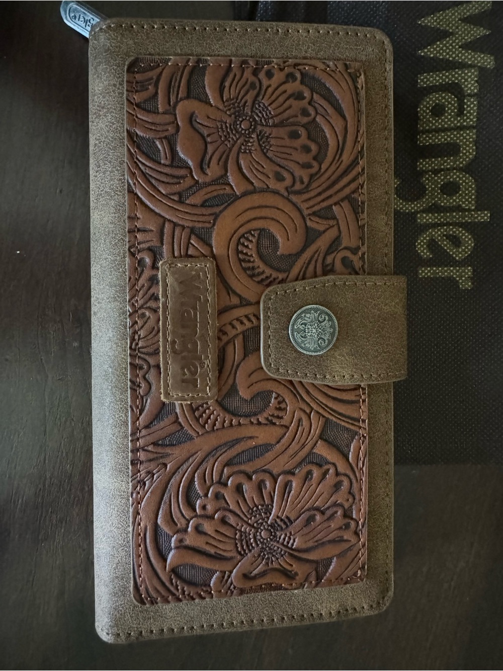 Wrangler Brown Floral Tooled Wallet with Snap Accent - Picture 6 of 8